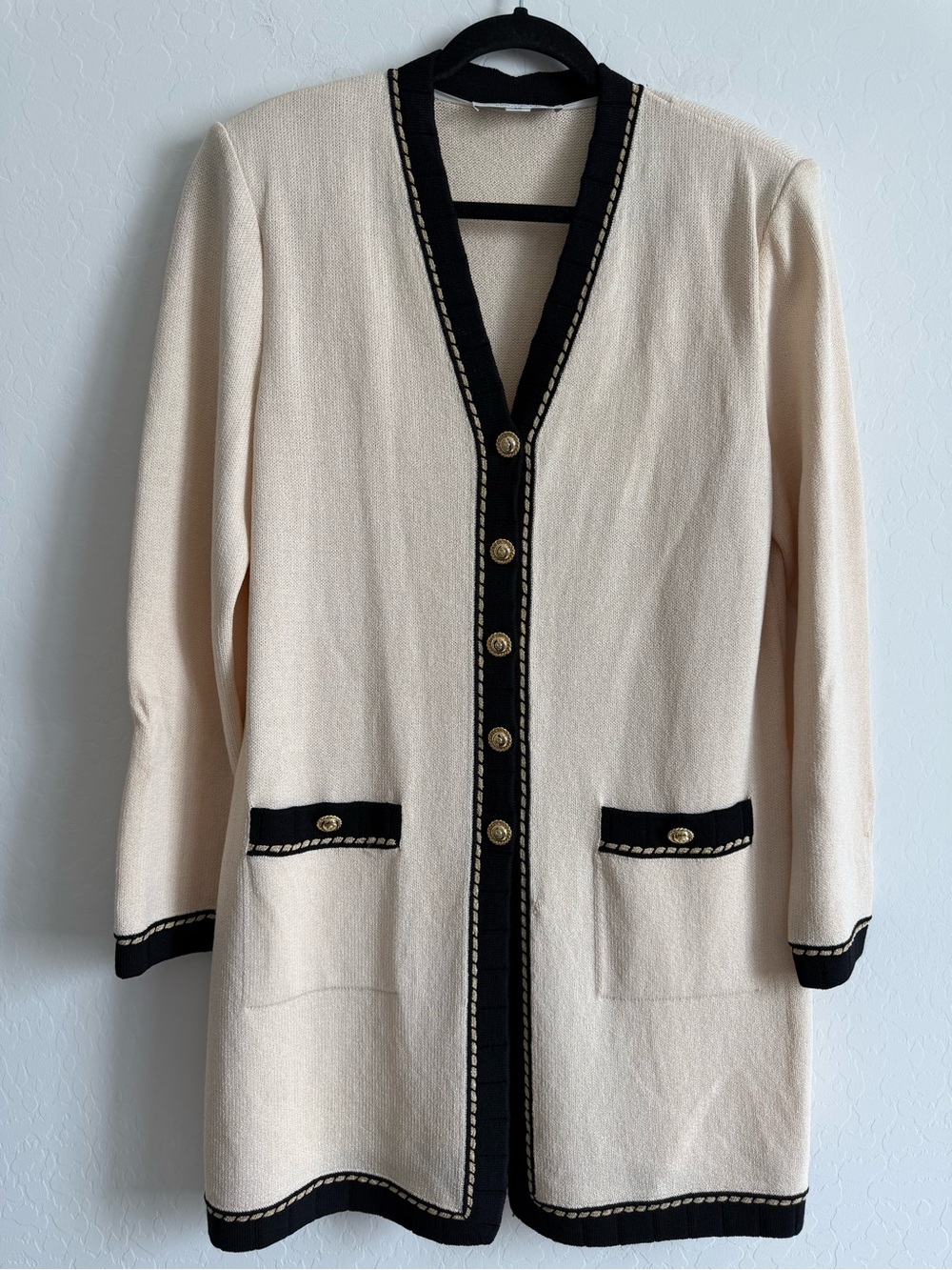 VTG St. John Collection Marie Gray Cream Knit Longline Cardigan Jacket 10